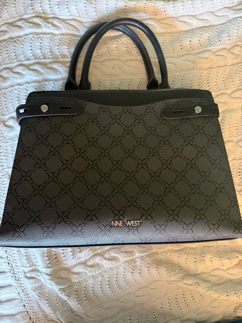 Nine West Prudence Black Charcoal Monogram Satchel Handbag Structured Purse